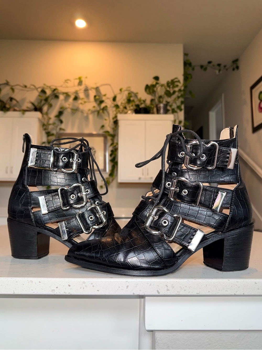 PrettyLittleThing Black Croc-Embossed Lace-Up Buckle Boots